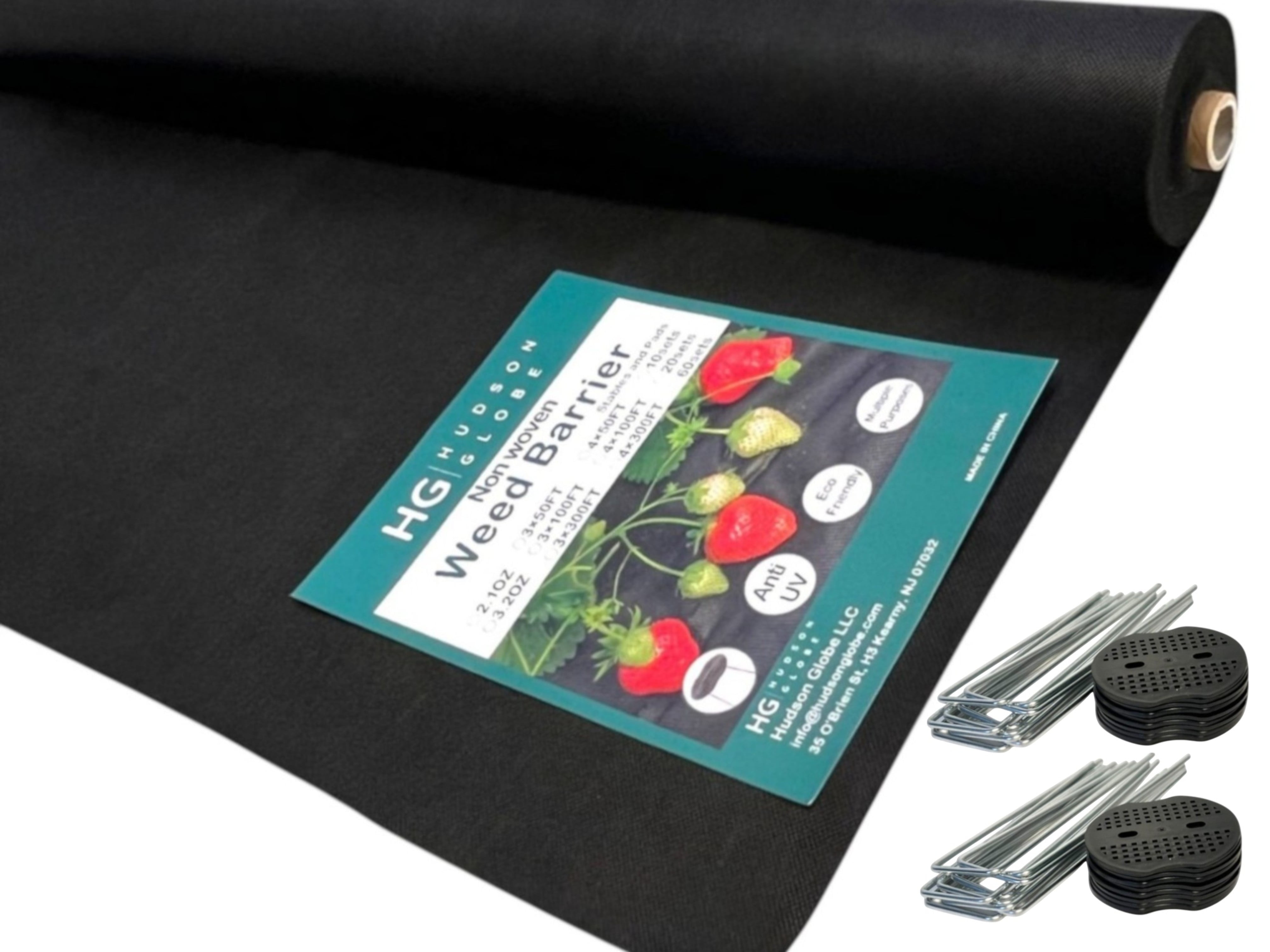 HUDSON GLOBE, 4FT x 100FT Spunbond Non-Woven Premium Garden Weed Barrier 2.1 OZ Landscape Fabric Durable \u0026 Heavy-Duty Weed Block, Easy Setsup Included ( 20 Sets U-Staples \u0026 Plastic Peds FREE )